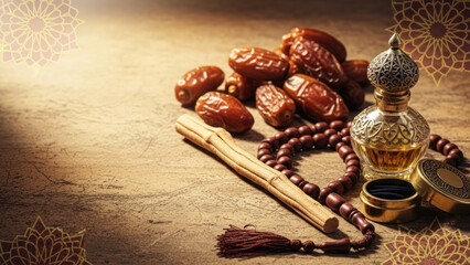 Traditional Middle Eastern perfume, dates, and prayer beads on a wooden surface.