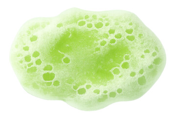 Green soap foam creating rich lather and bubbles, close up liquid texture, isolated with transparent background