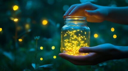 hands holding a clear jar filled with fireflies glowing at night. generative ai