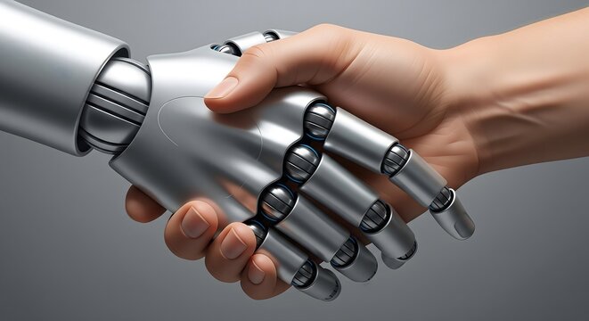 Human hand and robotic metal hand engaging in a professional handshake on a gray background, symbolizing collaboration, business agreement, and future artificial intelligence partn