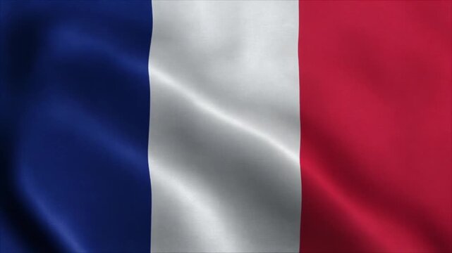 The French national flag waving with vertical stripes of blue white and red and a detailed fabric texture