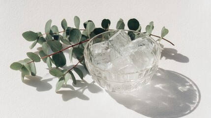 Crystal bowl of ice cubes with eucalyptus leaves on white background