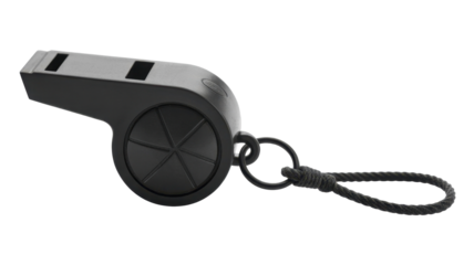 Black plastic whistle with lanyard