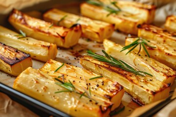 Oven-roasted parsnip spears with fresh rosemary and seasoning