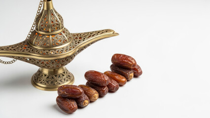 Ornate metal lamp and a row of medjool dates on white background.
