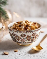 Sweet semolina dessert with almonds in ornate bowl