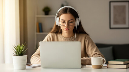 Young woman working on laptop with headphones in a cozy home office.