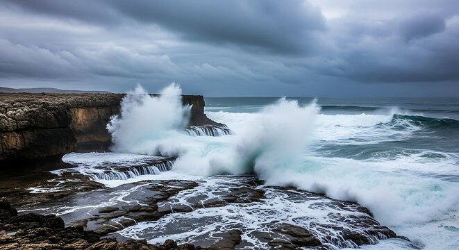 Ocean waves crashing against rocky cliffs under a cloudy sky on a stormy day at the coast - Powered by Adobe