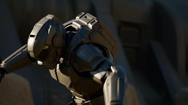 Futuristic armored cyborg sprinting across a rocky landscape in a realistic 3D animation, showcasing advanced military robotics and combat technology.