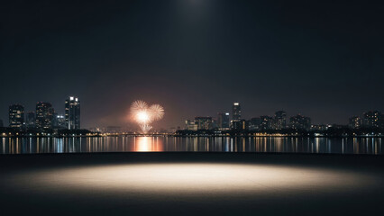 Night cityscape with fireworks over a water body and city skyline.