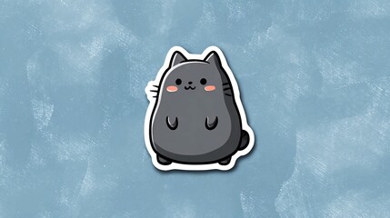Cute gray cartoon cat with blush cheeks on blue background
