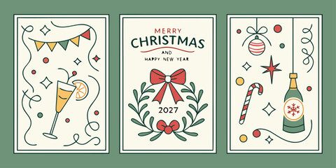 2027 Holiday Greeting Card Vector &ndash; Champagne Glasses, Ornaments, Candy Canes, and Cocktail Garnishes in Festive Three-Panel Design