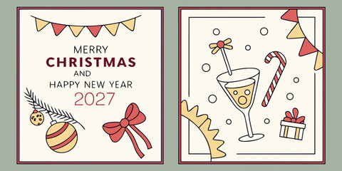 2027 Holiday Greeting Card Vector &ndash; Cocktail Glasses, Champagne Bottles, Candy Canes, Ornaments, and Gifts in Festive Dual Panel Design