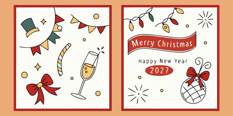 2027 Holiday Greeting Card Vector &ndash; Top Hat, Champagne Glass, Candy Cane, Ornaments, and Lights in Festive Dual Panel Design