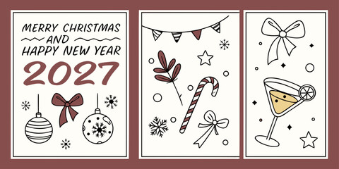 2027 Holiday Greeting Card Vector &ndash; Candy Canes, Ornaments, Bows, Cocktail Glasses, and Snowflakes in Festive Three-Panel Design