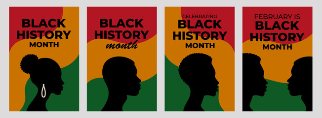 Set of modern Black History Month posters with powerful silhouettes and cultural colors. Perfect for education, social media, campaigns, events, presentations and diversity awareness projects.