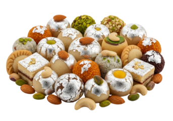 colorful indian mithai assortment with nuts on a platter