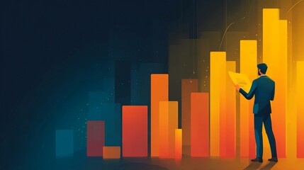 A businessman analyzes a vibrant bar chart in a modern office setting with a dramatic background