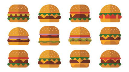 Twelve Flat Design Hamburgers with Various Toppings on White Background cheeseburger food