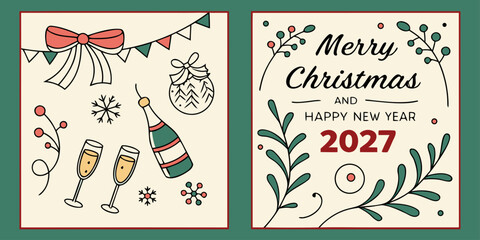 Merry Christmas & Happy New Year 2027 &ndash; Champagne, Ornaments, and Ribbon Banner in a Festive Holiday Design