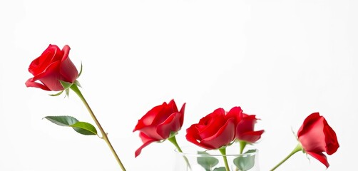 Fototapeta premium Close-up of a single red rose in a clear glass vase on a white background, love, flower