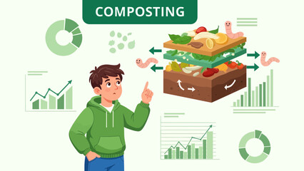 Naklejka premium Composting Education Diagram With Cartoon Boy And Organic Waste Layered Method