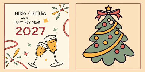 Merry Christmas & Happy New Year 2027 &ndash; Champagne Toast and Christmas Tree in a Festive Beige Holiday Design