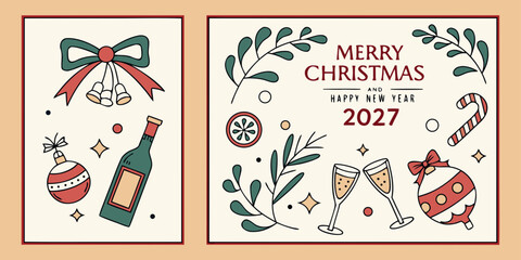 Merry Christmas & Happy New Year 2027 &ndash; Bells, Champagne, and Candy Cane in a Festive Holiday Design