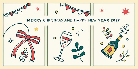Merry Christmas & Happy New Year 2027 &ndash; Red Bow, Wine, and Champagne in a Festive Three-Panel Holiday Card
