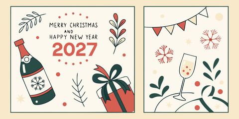 Merry Christmas & Happy New Year 2027 &ndash; Champagne, Gift Box, and Bunting in a Festive Holiday Card