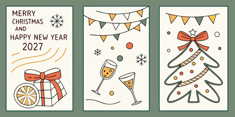 Merry Christmas & Happy New Year 2027 &ndash; Gift Box, Champagne Toast, and Christmas Tree in a Festive Holiday Trio