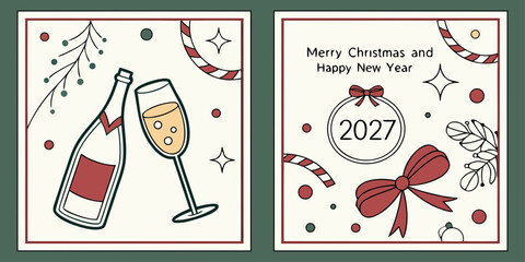 Merry Christmas & Happy New Year 2027 &ndash; Champagne, Candy Canes, and Ornaments in a Festive Holiday Card