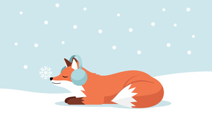 Cozy Winter Fox Snuggled In Snow With Headphones As Snowflake Lands On Its Nose