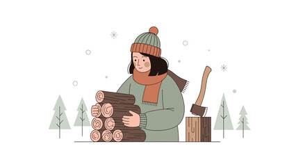 Cozy Winter Illustration Of A Woman Gathering Firewood In A Snowy Forest