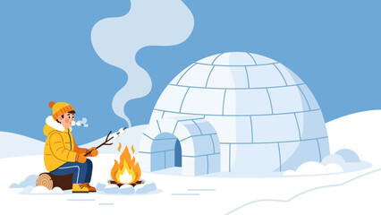 Cozy Winter Scene Man Roasting Marshmallows By Fire Outside an Igloo