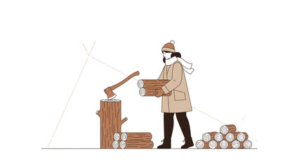 Cozy Winter Illustration Of Woman With Logs For Home Heating Preparation