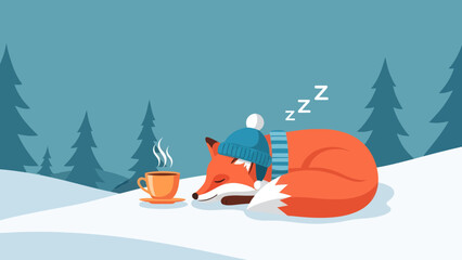 Cozy Winter Nap A Fox Enjoys A Hot Beverage In A Snowy Landscape