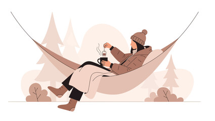 Cozy Winter Retreat A Woman Enjoying Tea In Hammock Among Trees