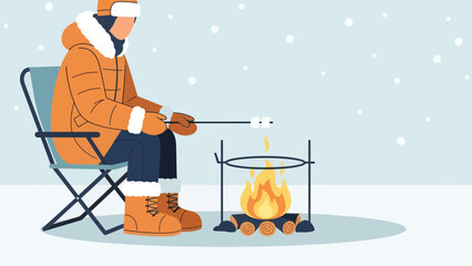 Cozy Winter Scene Featuring Person Roasting Marshmallows By Campfire Outdoors