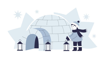 Cozy Winter Scene Featuring Kid With Lantern And Igloo Illustration