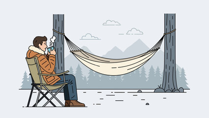 Cozy Winter Scene With Hammock and Man Drinking a Hot Beverage Outdoors