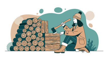 Cozy Winter Scene Of A Woman Chopping Wood By A Stack Of Firewood