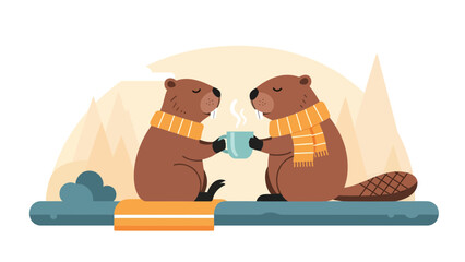 Cozy Winter Scene With Two Beavers Drinking Hot Beverage In A Snowy Landscape