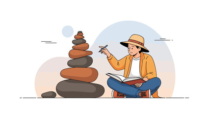 Creating Balance Illustration Of Person Studying Zen Rock Art Meditation