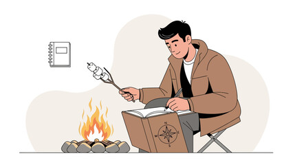 Creative Adventure: Young Man Writing in Nature with Marshmallow and Campfire