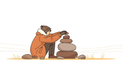 Creating Rock Stacking Tower During Winter Time Outside Activity Calmness