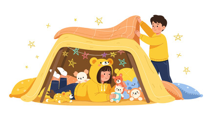 Creating Indoor Adventures Children Building A Cozy Fort With Pillows And Blankets