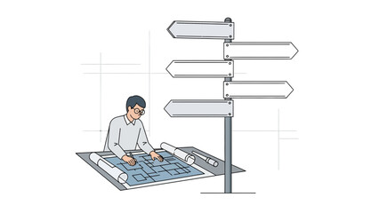 Creative Architect Designing House Plans Near A Signpost Indicating Different Directions