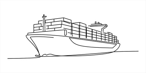 A continuous line art drawing of a large cargo container ship sailing on the open sea Vector, illustration © Continues One Line D