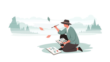 Creative Artist Capturing Nature's Beauty With Watercolor Painting In Mountain Landscape